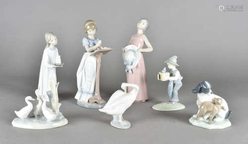 Four Lladro porcelain figures, three of children, one of a swan, together with three other porcelain