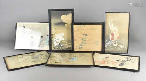 A collection of Japanese wood block prints, and a watercolour including the Hare and the Moon by