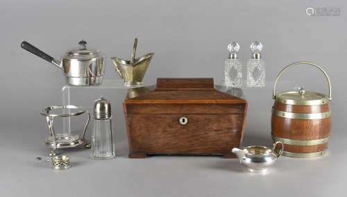 A pair of cut glass and silver collared scent bottles and stoppers, together with a converted tea