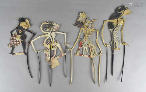 A collection of 19th Century Asian card and quill puppets, painted in colours, modelled as