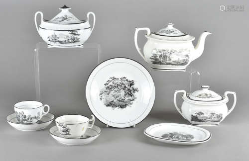 A part Regency porcelain tea service, Bat printed design, some with named landscapes, including