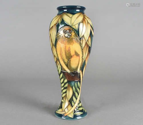 A limited edition Moorcroft pottery baluster vase, tube-lined Tamarin Monkey, after a design by Sian