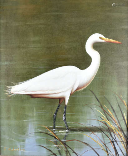 S. Robertson oil on canvas, a heron amongst the bulrushes, framed and signed to the lower left 77