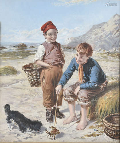 After William Hemsley, lithographic print, a boys goading a crab, 29.5 cm x 25 cm