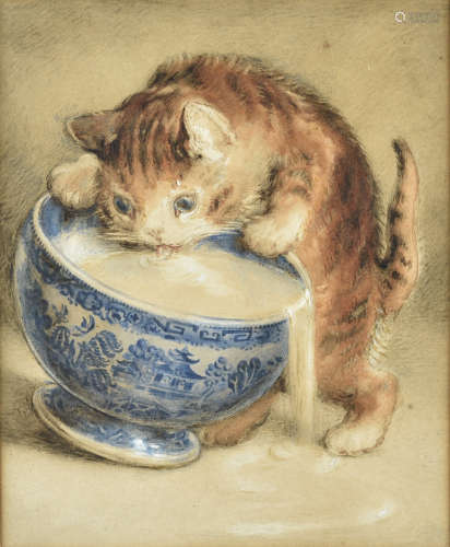 19th Century, English School, watercolour, kitten and the cream, unsigned, 21 cm x 17 cm