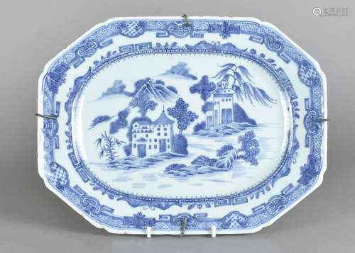 A Chinese blue and white export porcelain rectangular dish, centred decoration with temples within a