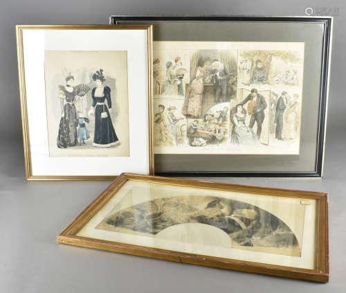 Three framed prints featuring fans, including a leaf depicting a sketch of a classical couple