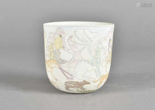 A contemporary porcelain small cup, with painted design of various mythical beasts and animals