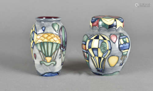 Two Moorcroft pottery tube-lined Balloon pattern pieces, including a ginger jar and cover, 10 cm
