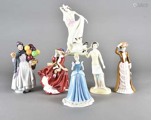 Six female Royal Doulton figurines, comprising Harriet HN 3796, Top o' the Hill HN 1834, Biddy Penny