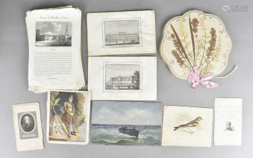 A quantity of 19th Century watercolours and prints, mostly landscapes including a pressed flower