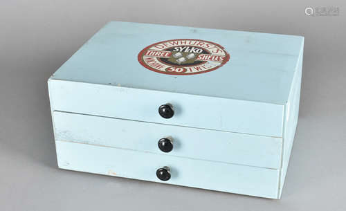 A Dewhurst's three drawer duck egg blue cotton reel chest, 31 cm x 14 cm x 23 cm