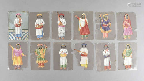 A set of twelve mica Indian paintings, of various costumes with vacant heads with a carved