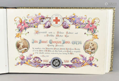 A bound volume, British Red Cross Society, with an illuminated frontispiece with inscription '