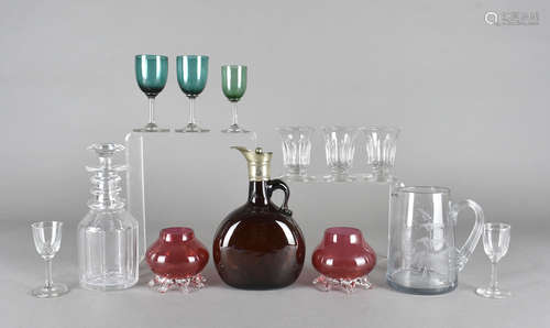 A collection of 19th Century glassware, including a flattened ovoid decanter with silver plated