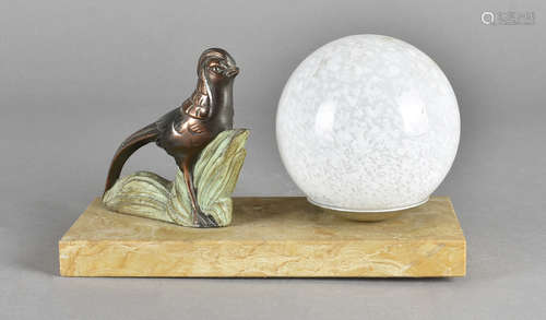 An art deco French table light, the globe shade with spelter pheasant on a hardstone base, 21 cm