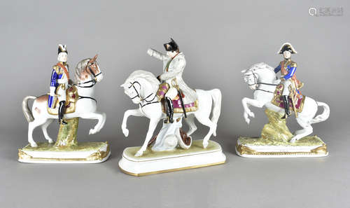 Three continental Napoleonic style military figures on horseback, modelled as Napoleon and two