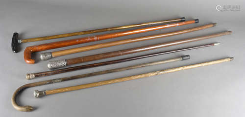 A collection of walking sticks, including two with Indian white metal tops, another in gilt metal