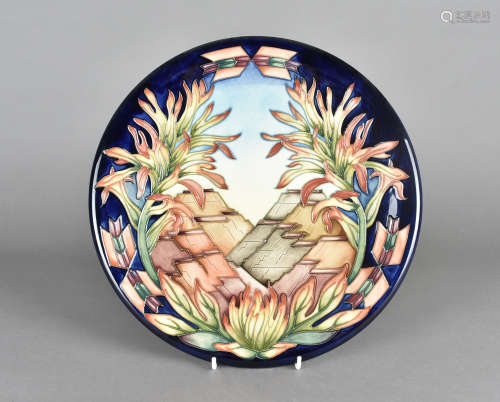 A large Moorcroft hanging wall plate, tube-lined decoration, Indian Paint Brush pattern, printed and
