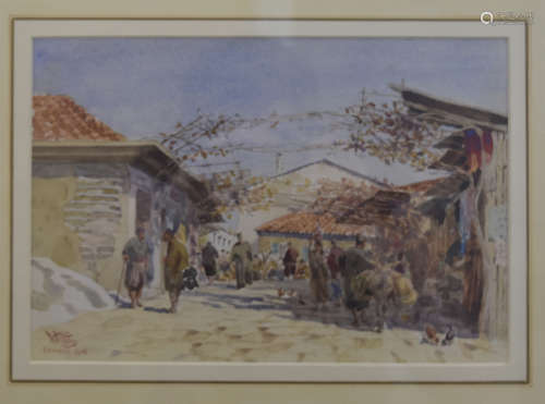William Wiehe Collins (1862-1951) watercolour, Lemnos' dated 1915, market scene, signed and dated
