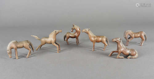 Six Chinese boxwood carved horses, from the story of the horse and the flea (there should be seven)