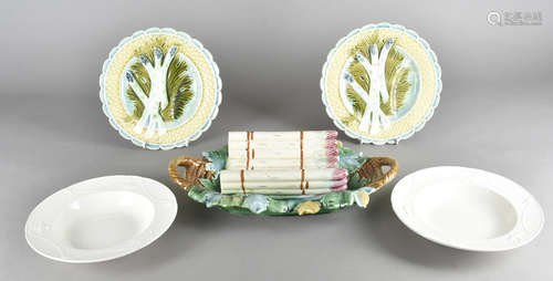 A continental majolica asparagus service, comprising a polychrome decorated serving dish, two