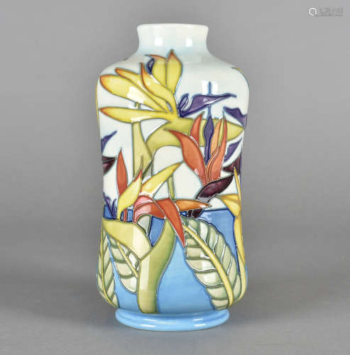 A Moorcroft pottery waisted cylindrical vase, tube-lined decoration, California pattern with printed