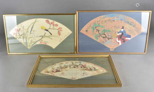 Three 20th Century framed fan leafs, two Chinese examples hand painted on fabric, one depicting a