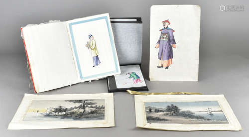 A collection of 19th Century Chinese rice paper watercolours, together with three other textile