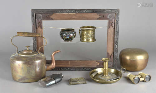 An art nouveau brass string box, a cloisonné bowl, a silver plated art nouveau stamp box, a brass
