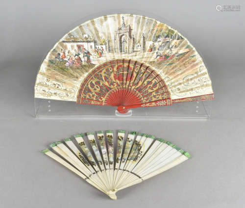 A 20th Century wood and linen Spanish hand fan, with painted leaf by Marin Marquez, scene of