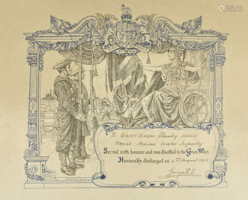 A WWI British certificate, to PTE PO16498 EDGAR STANLEY WILLIS of the ROYAL MARINE LIGHT INFANTRY,