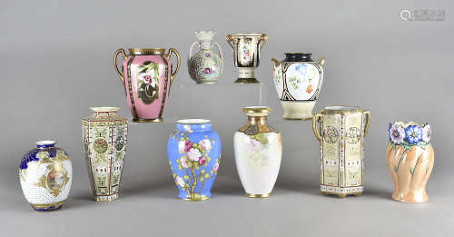 A collection of Noritake porcelain vases, all painted with flowers and landscapes, to include a an