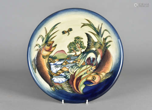 A large Moorcroft hanging wall plate, tube-lined Trout pattern, printed and impressed with factory