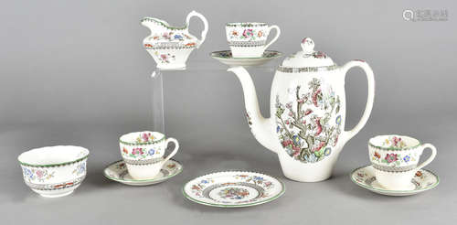 A Copeland Spode Chinese Rose coffee set, five cups, saucers, side plates, sugar bowl and milk