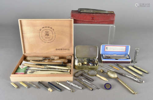 A quantity of miscellaneous items, including pencils, penknives, button hooks, sewing related