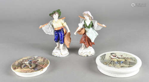 A pair of Sitzendorf porcelain figures, of fisher boy and girl, together with prattware pot lid, The