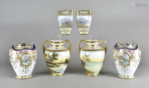 Three large Noritake porcelain vases, all with landscape decoration, heightened in gilt (6)