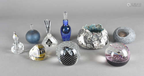 A collection of modern glass paperweights, and scent bottles including a stoneware Japanese tea bowl