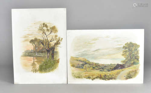 A pair of glass painted panels, with landscapes, 25 cm x 36 cm