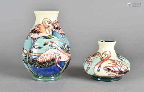 Two Moorcroft pottery vases after a design by Philip Gibson, tube-lined pattern, Everglade Flamingos