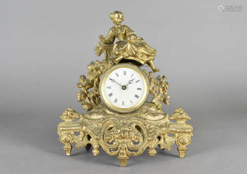 A French spelter mantel clock, with modern battery replacement movement, 30 cm high