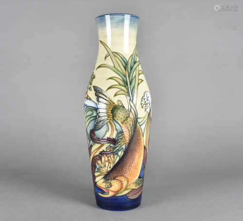 A large Moorcroft pottery tapered vase with inverted neck and splayed rim, tube-lined Trout pattern,