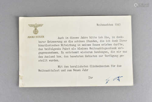 An Adolf Hitler Christmas Thank You card, dated Christmas 1943, having Third Reich Symbol and Name