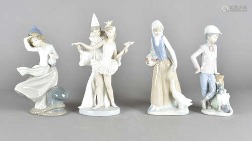 A Lladro figure of a ballet dancer and Pierrot the clown, together with three Spanish porcelain