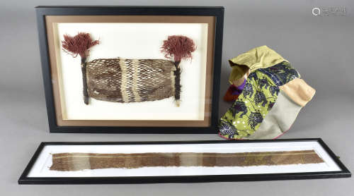 Two antique framed textiles, one a rectangular example of a part of a woven design to edge of a