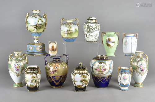 A collection of Noritake porcelain vases, all painted with landscapes and flowers, to include a