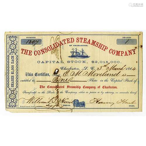 Consolidated Steamship Co. 1864 Issued Confederate Blockade Runner Stock Certificate.