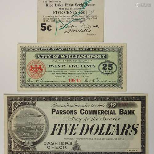 Various Issuers. 1907-1934. Trio of Depression & Panic Scrip Notes.