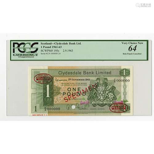 Clydesdale Bank Limited, 1963 Specimen Banknote.